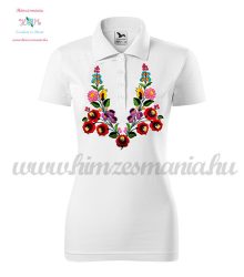 Women's Polo Shirts - hungarian embroidery - handmade - Kalocsa motif - white