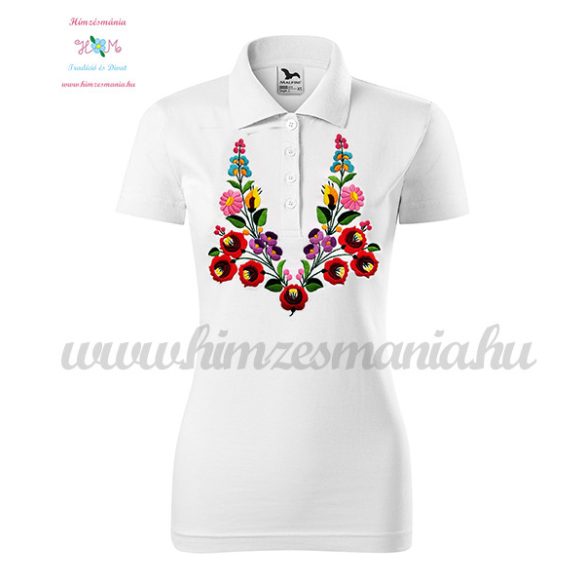 Women's Polo Shirts - hungarian embroidery - handmade - Kalocsa motif - white