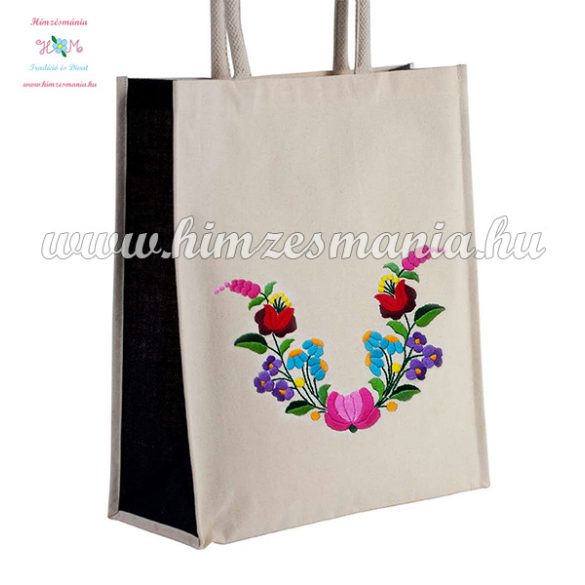 Cotton canvas bag - folk flowers embroidery - handmade - Kalocsa style - black