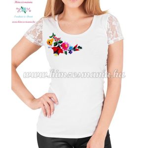 Short-sleeved lace women top - traditional folk hand embroidery - hungarian motif - White