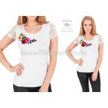 Short-sleeved lace women top - traditional folk hand embroidery - hungarian motif - White