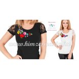 Short-sleeved lace women top - traditional folk hand embroidery - hungarian motif - White
