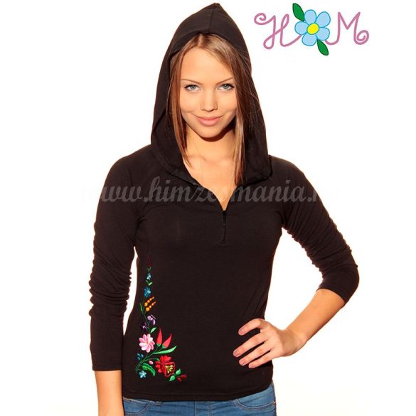 Embroidery Mania - T-shirt long sleeve hungarian folk machine-embroidered - Kalocsa style - black