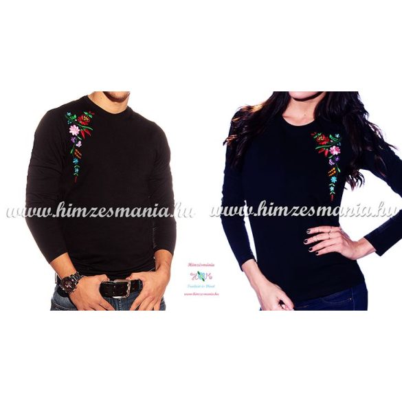 Ladies long sleeve T-shirt - hungarian folk machine embroidery - Kalocsa pattern - black