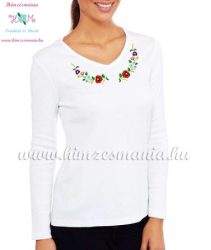 Women's long sleeve V-neck T-shirt - folk embroidery - hungarian style - white