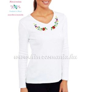 Women's long sleeve V-neck T-shirt - folk embroidery - hungarian style - white