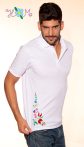   Men's polo shirt - folk machine embroidery - Kalocsa pattern - white - Embroidery Mania