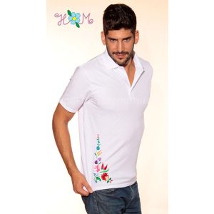 Men's polo shirt - folk machine embroidery - Kalocsa pattern - white - Embroidery Mania