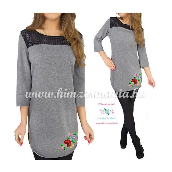 Tunic - hungarian folk machine embroidery - Kalocsa motif - dark gray