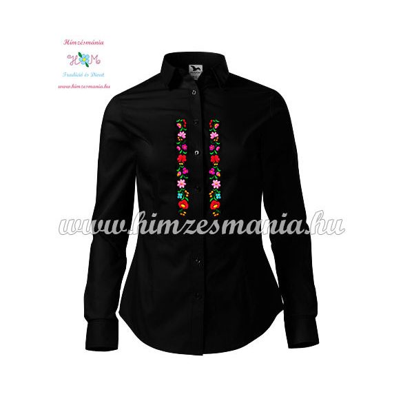 Womens long sleeve shirt - hungarian folk machine embroidery - Kalocsa design - black