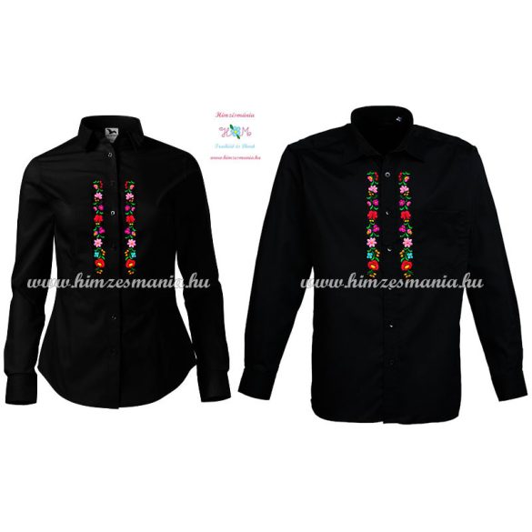 Womens long sleeve shirt - hungarian folk machine embroidery - Kalocsa design - black