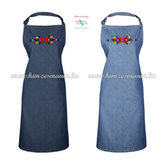 Matyó mintás farmer kötény - kézi hímzés - unisex - világos denim