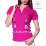 Women polo shirt - hungarian folk  machine embriodery - Kalocsai design - fuchsia