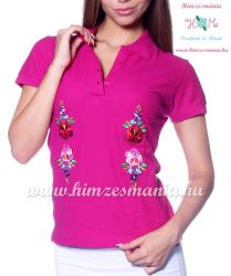 Women polo shirt - hungarian folk  machine embriodery - Kalocsai design - fuchsia