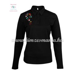   Women polo shirt - long sleeve - machine embroidery - Kalocsa style - black
