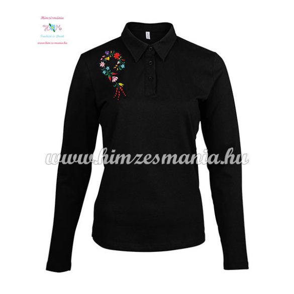 Women polo shirt - long sleeve - machine embroidery - Kalocsa style - black