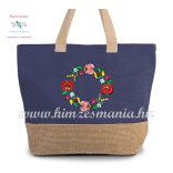 Large cotton and jute (juco) shopper bag - folk embroidery - Kalocsa style - denim blue