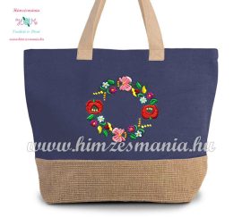 Large cotton and jute (juco) shopper bag - folk embroidery - Kalocsa style - denim blue