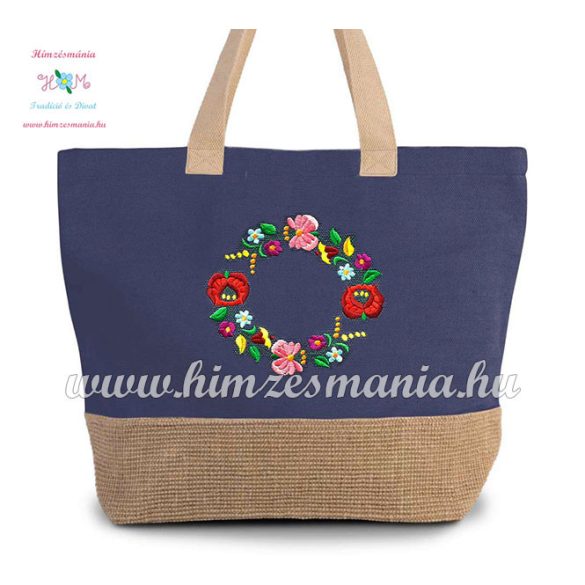Large cotton and jute (juco) shopper bag - folk embroidery - Kalocsa style - denim blue