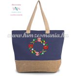 Large cotton and jute (juco) shopper bag - folk embroidery - Kalocsa style - denim blue