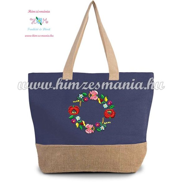 Large cotton and jute (juco) shopper bag - folk embroidery - Kalocsa style - denim blue