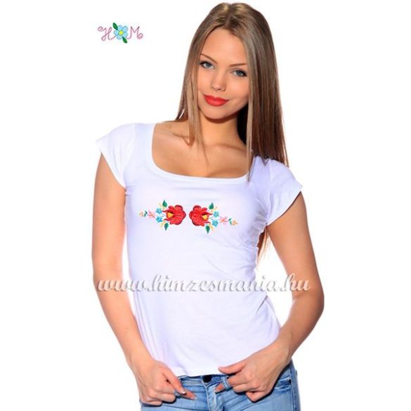T-shirt - hungarian folk machine embroidered - Kalocsa rose - white