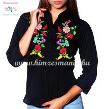   Womens 3/4 sleeve shirt - hungarian folk embroidery - Handmade - Kalocsa design - black
