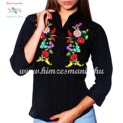   Womens 3/4 sleeve shirt - hungarian folk embroidery - Handmade - Kalocsa design - black
