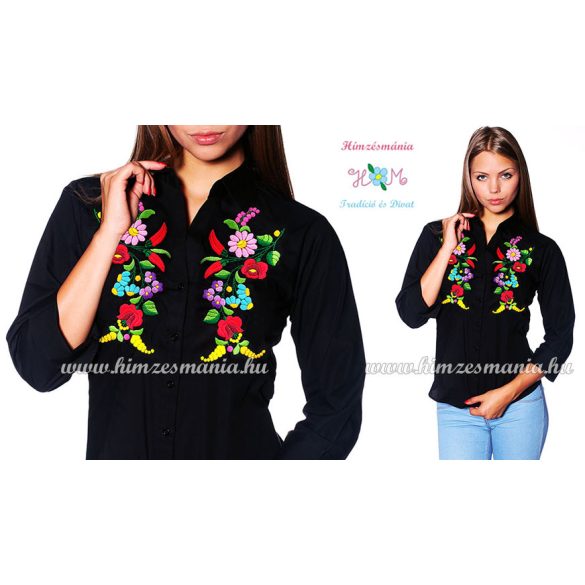 Womens 3/4 sleeve shirt - hungarian folk embroidery - Handmade - Kalocsa design - black