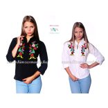 Womens 3/4 sleeve shirt - hungarian folk embroidery - Handmade - Kalocsa design - black