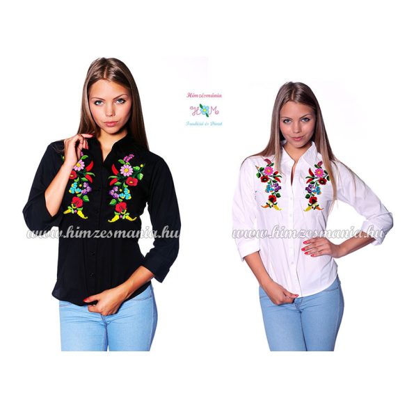 Womens 3/4 sleeve shirt - hungarian folk embroidery - Handmade - Kalocsa design - black