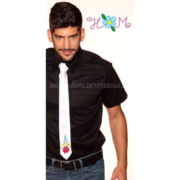 Hímzésmánia - matyó mintás hímzett nyakkendő - fehér