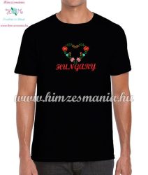HUNGARY feliratos hímzett férfi póló matyó szív mintával - fekete