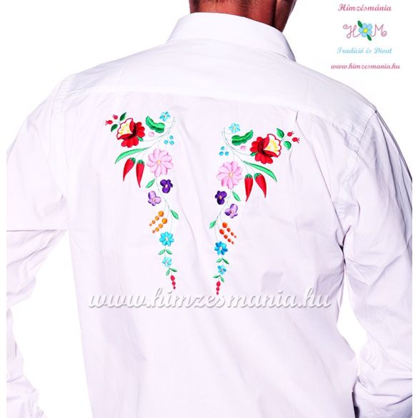 Gents Shirt Long Sleeve - hungarian folk fashion - Kalocsa style - machine embroidery - White