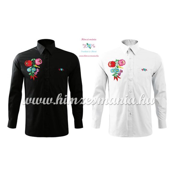 Hosszú ujjú férfi ing kézi hímzésű kalocsai mintával - fekete