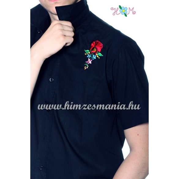 Men's shirt - hungarian folk machine embroidery - Kalocsa style - Embroidery Mania - black