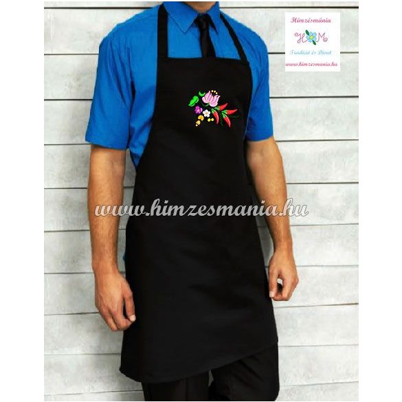 Bib apron - hungarian folk - machine embroidery- Kalocsa pattern - unisex - black