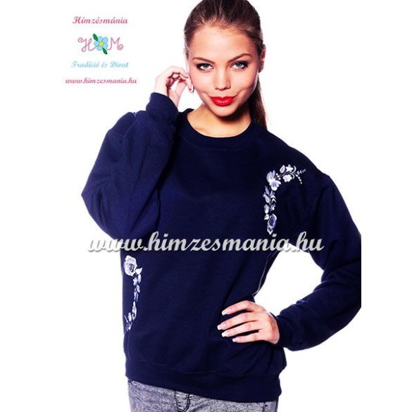 Women sweatshirt - hungarian folk machine embroidery - kalocsai motif - navy