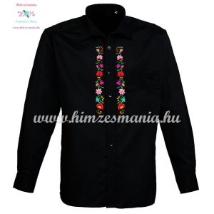 Gents Shirt Long Sleeve - hungarian folk fashion - Kalocsa style - machine embroidery - black