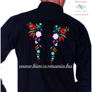 Gents Shirt Long Sleeve - hungarian folk fashion - Kalocsa style - machine embroidery - Black