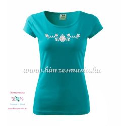   Rövid ujjú női póló feher matyó hímzéssel - Hímzésmánia - türkizkék