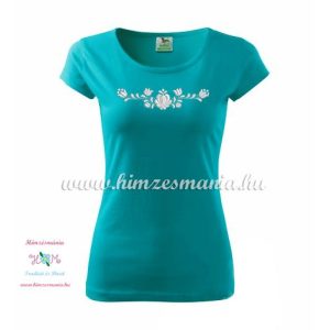 Woman's Short Sleeve T-Shirts - hungarian folk embroidery - Matyo motif - turquoise