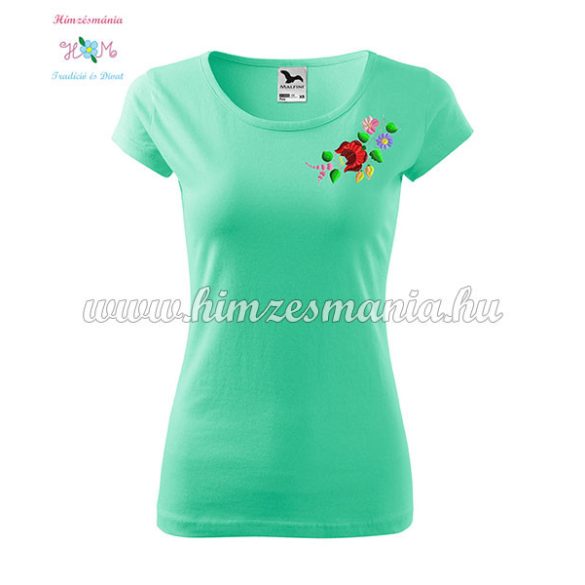 Woman's Short Sleeve T-Shirts - hungarian folk embroidery - Kalocsa motif - menta
