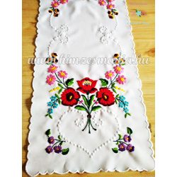   TABLE RUNNER - HUNGARIAN FOLK EMBROIDERY - KALOCSAI MOTIF - HANDMADE WHITE BORDERS - 33 X 85 CM