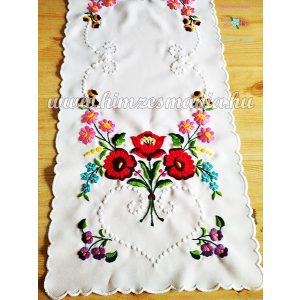 TABLE RUNNER - HUNGARIAN FOLK EMBROIDERY - KALOCSAI MOTIF - HANDMADE WHITE BORDERS - 33 X 85 CM