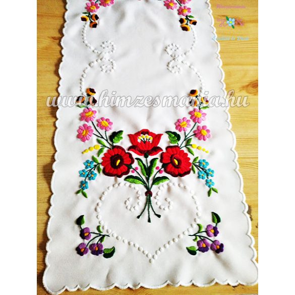 TABLE RUNNER - HUNGARIAN FOLK EMBROIDERY - KALOCSAI MOTIF - HANDMADE WHITE BORDERS - 33 X 85 CM