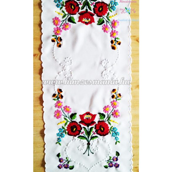 TABLE RUNNER - HUNGARIAN FOLK EMBROIDERY - KALOCSAI MOTIF - HANDMADE WHITE BORDERS - 33 X 85 CM