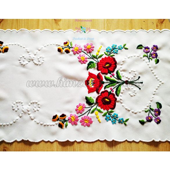 TABLE RUNNER - HUNGARIAN FOLK EMBROIDERY - KALOCSAI MOTIF - HANDMADE WHITE BORDERS - 33 X 85 CM