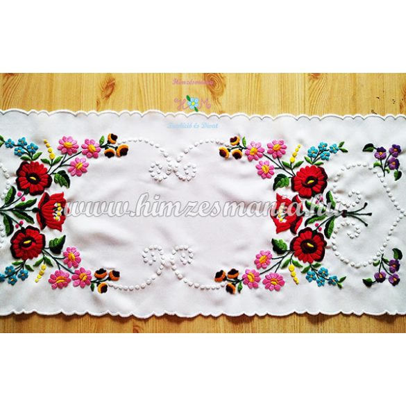 TABLE RUNNER - HUNGARIAN FOLK EMBROIDERY - KALOCSAI MOTIF - HANDMADE WHITE BORDERS - 33 X 85 CM
