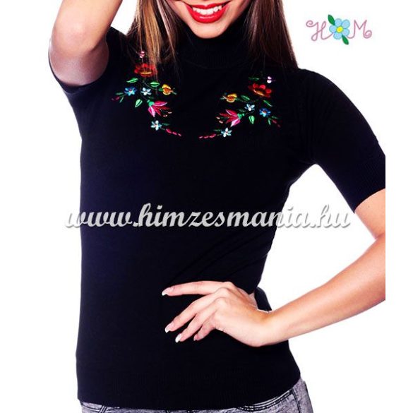 Women turtleneck sweater - hungarian folk embroidery - Kalocsa pattern - black